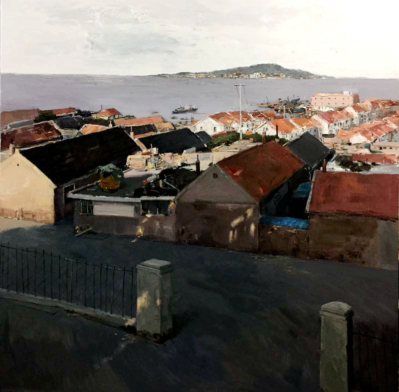 油畫《漁村》